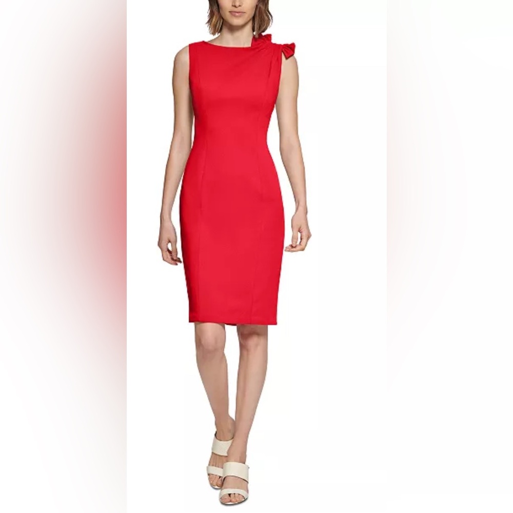 NWT Calvin Klein Women's Boat-Neck Sheath W/Shoulder Bow Dress - Size 6 - Picture 2 of 11